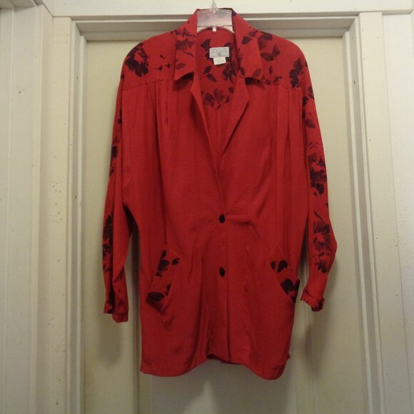 VINTAGE BIG 1980S RED W BLACK PRINTS JACKET DRESS S BY GEORGIUO - Picture 1 of 13
